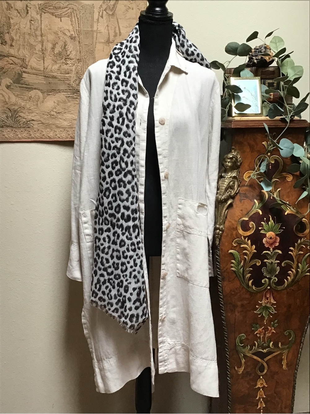 Cream Linen-Blend Long Trench Coat with Front Patch Pockets